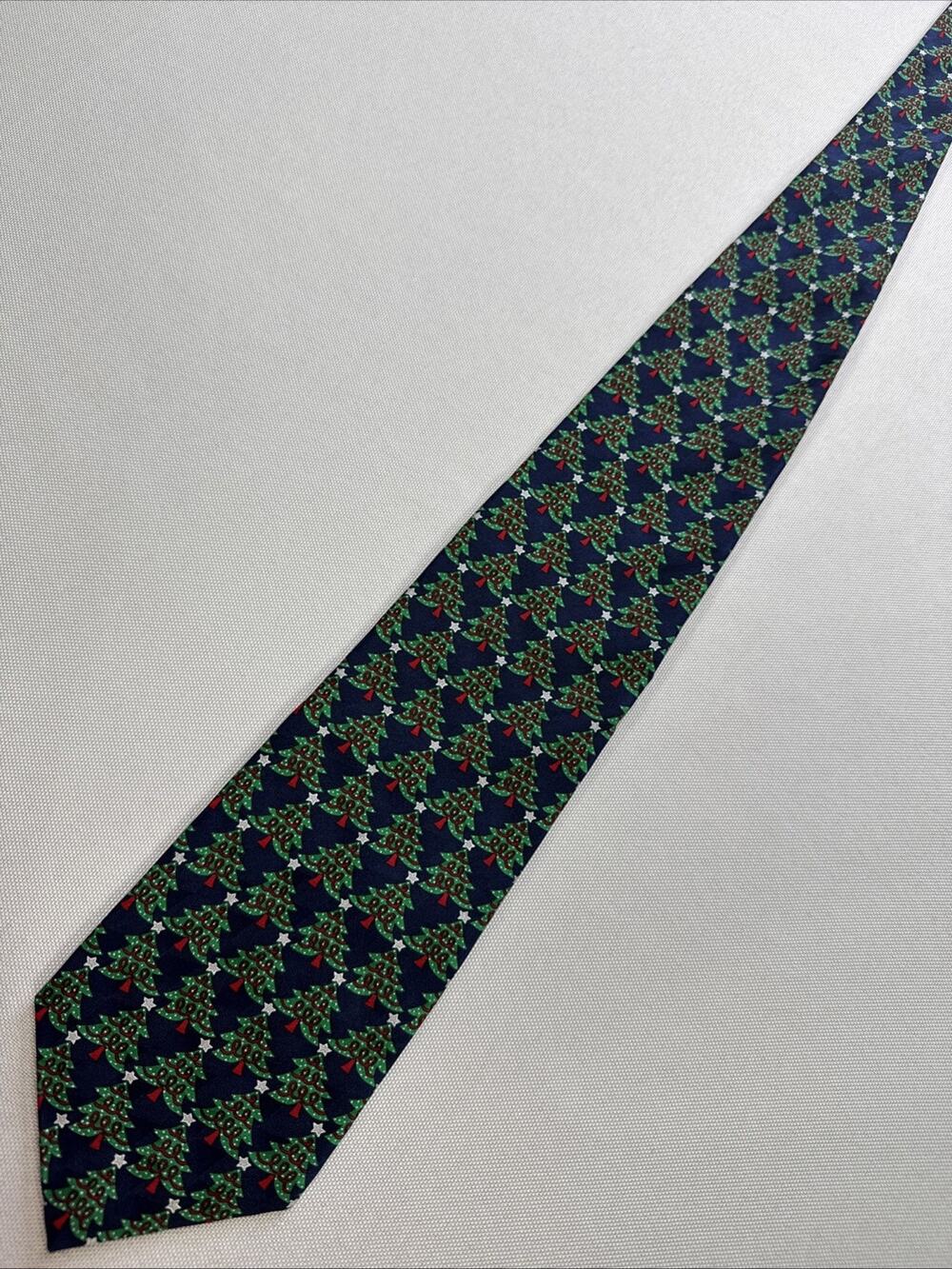 Vintage Hallmark Holiday Traditions Christmas Tree Silk Necktie Navy MMG